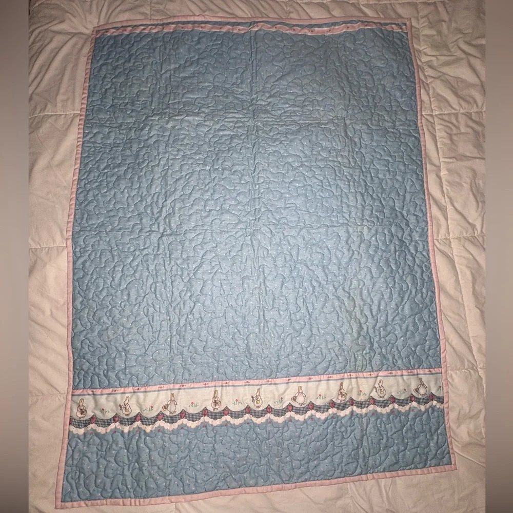 Adorable Pink and Baby Blue Quilted Bunny Trim Baby Blanket